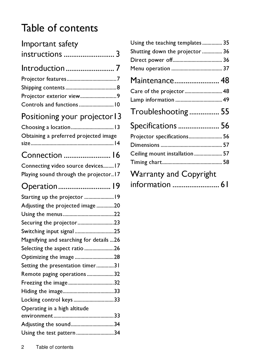 BenQ MX720 user manual Table of contents 