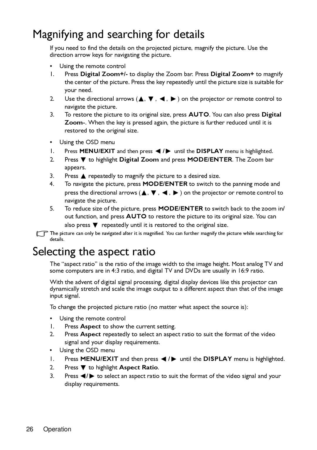 BenQ MX720 user manual Magnifying and searching for details, Selecting the aspect ratio 