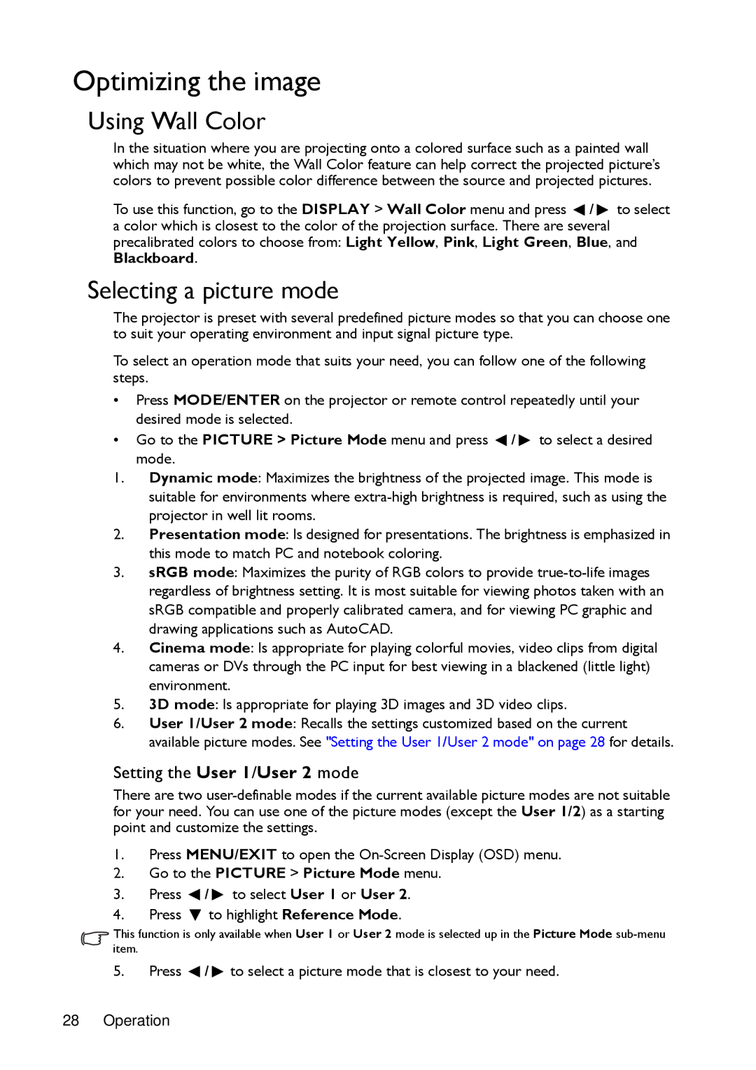 BenQ MX720 user manual Optimizing the image, Using Wall Color, Selecting a picture mode, Setting the User 1/User 2 mode 