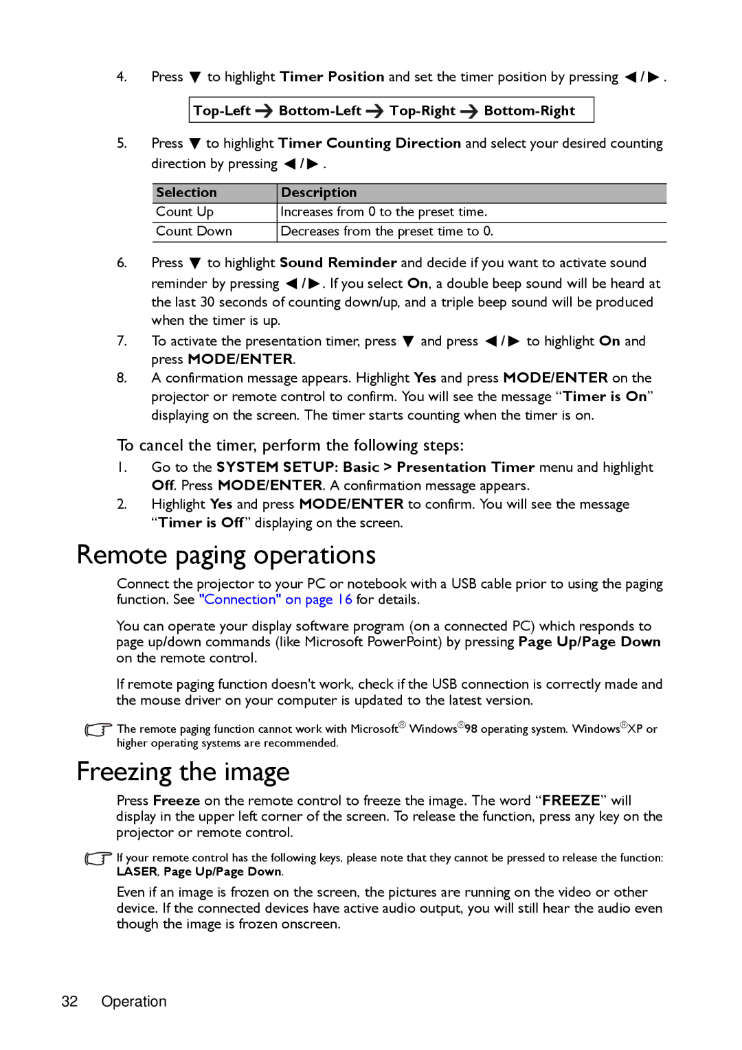 BenQ MX720 user manual Remote paging operations, Freezing the image, To cancel the timer, perform the following steps 