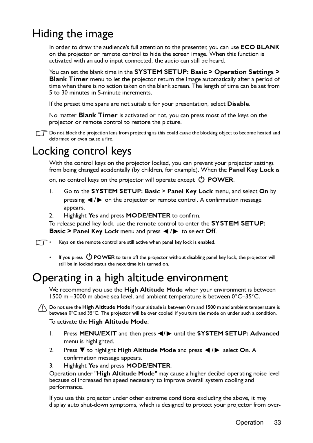 BenQ MX720 user manual Hiding the image, Locking control keys, Operating in a high altitude environment 