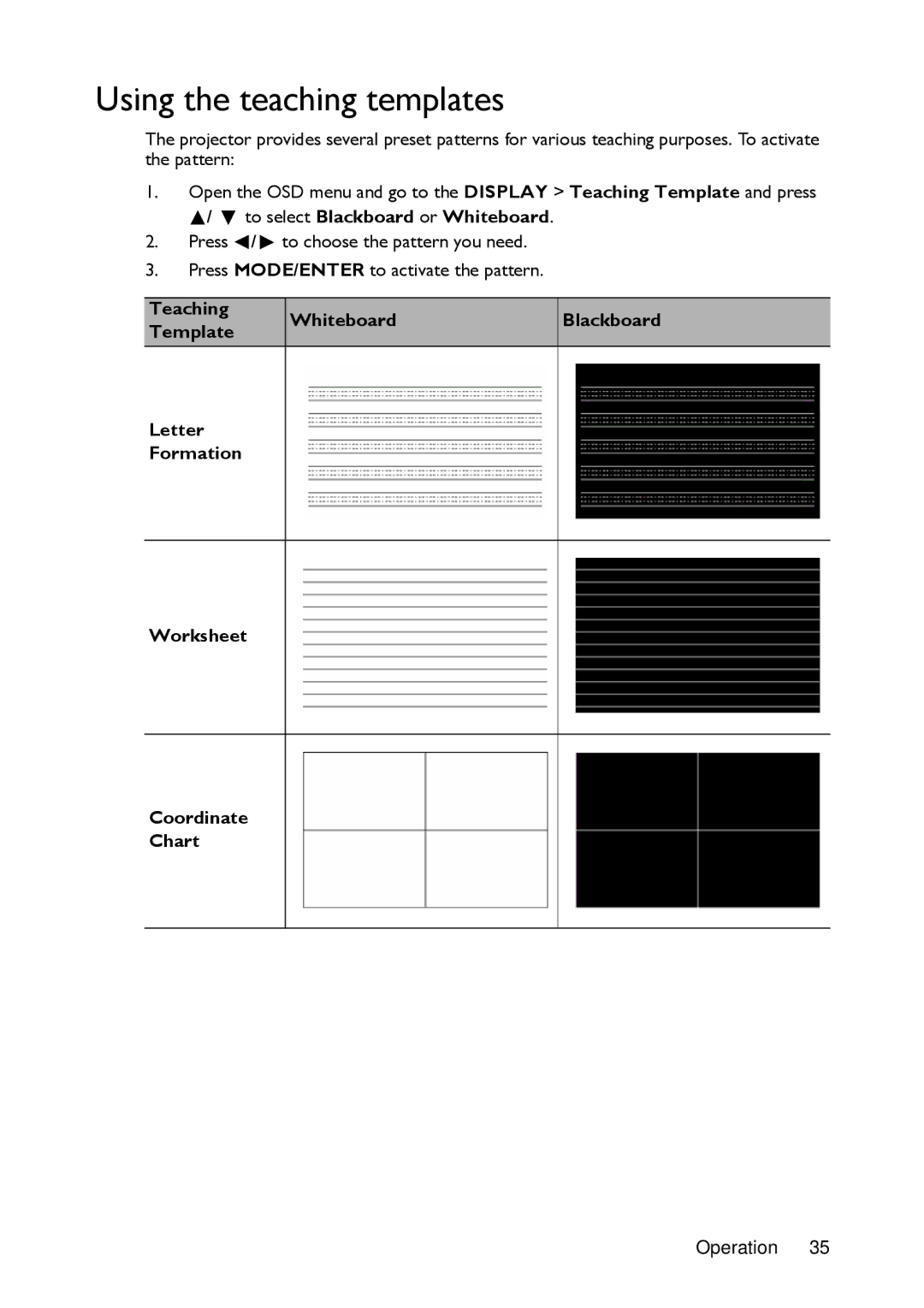 BenQ MX720 user manual Using the teaching templates, To select Blackboard or Whiteboard 