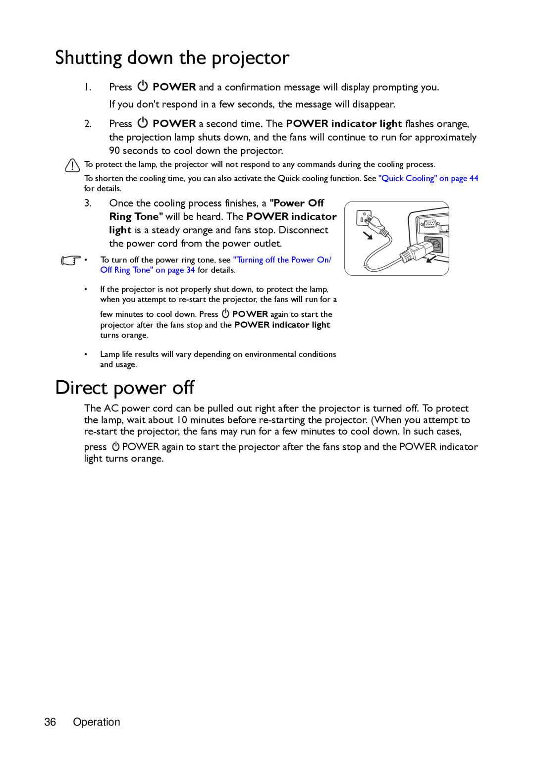 BenQ MX720 user manual Shutting down the projector, Direct power off 