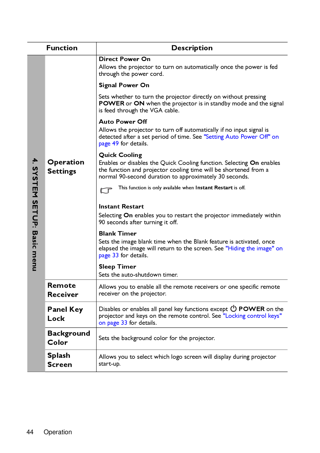 BenQ MX720 System Setup Basic menu Function Description, Operation, Remote, Receiver, Panel Key, Lock, Background, Screen 