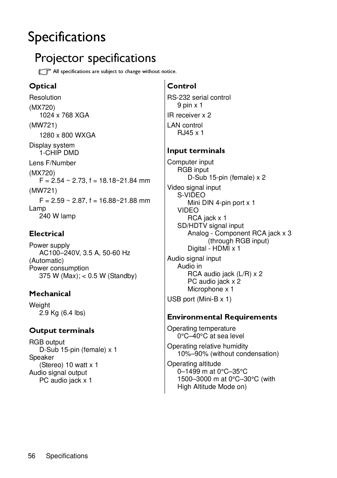 BenQ MX720 user manual Specifications, Projector specifications 