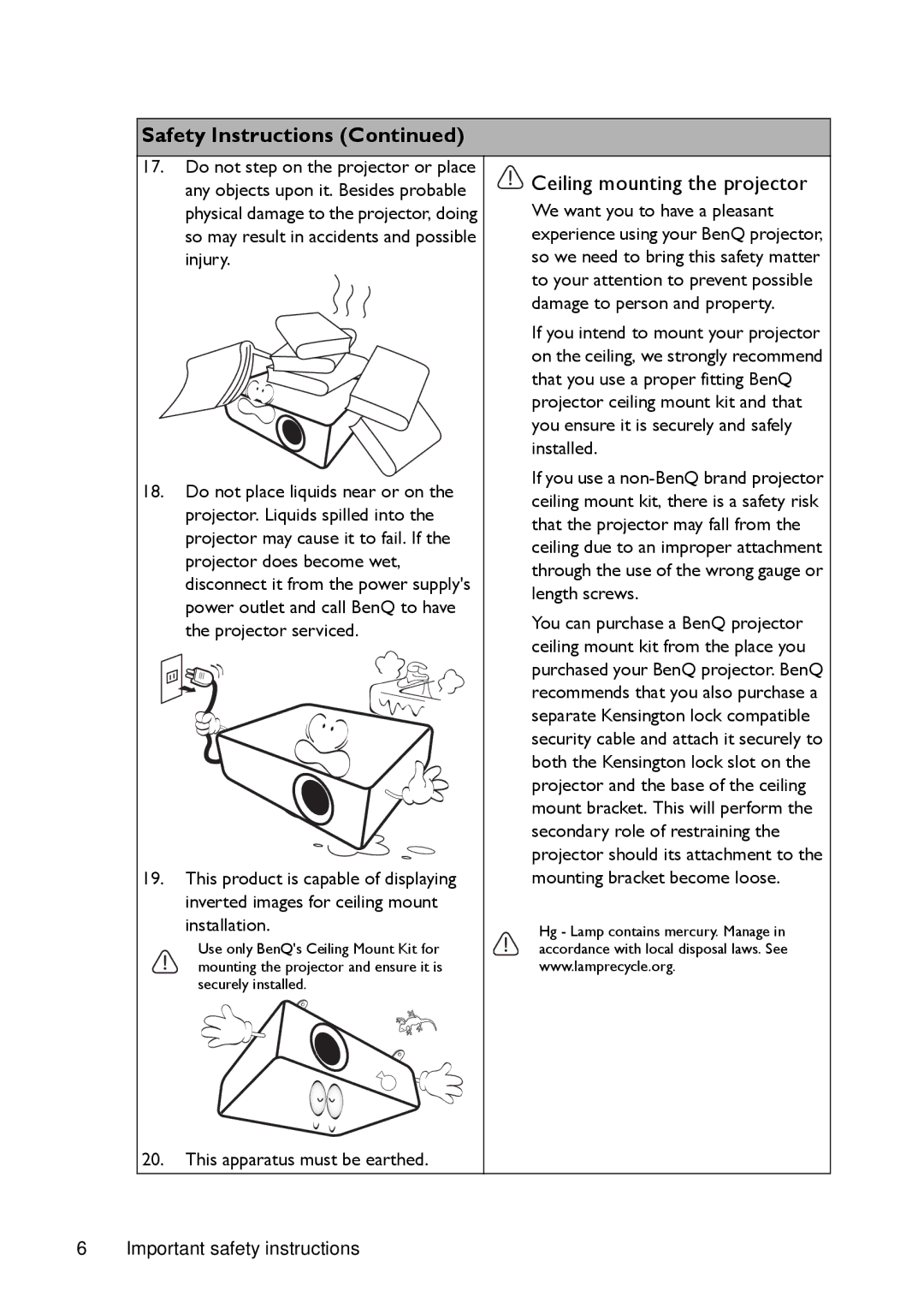 BenQ MX720 user manual Ceiling mounting the projector 