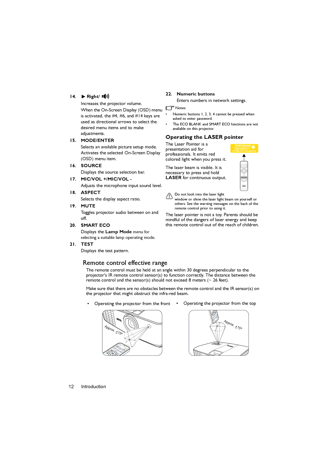 BenQ MX722 user manual Remote control effective range, Operating the Laser pointer, Mute, Test, Numeric buttons 