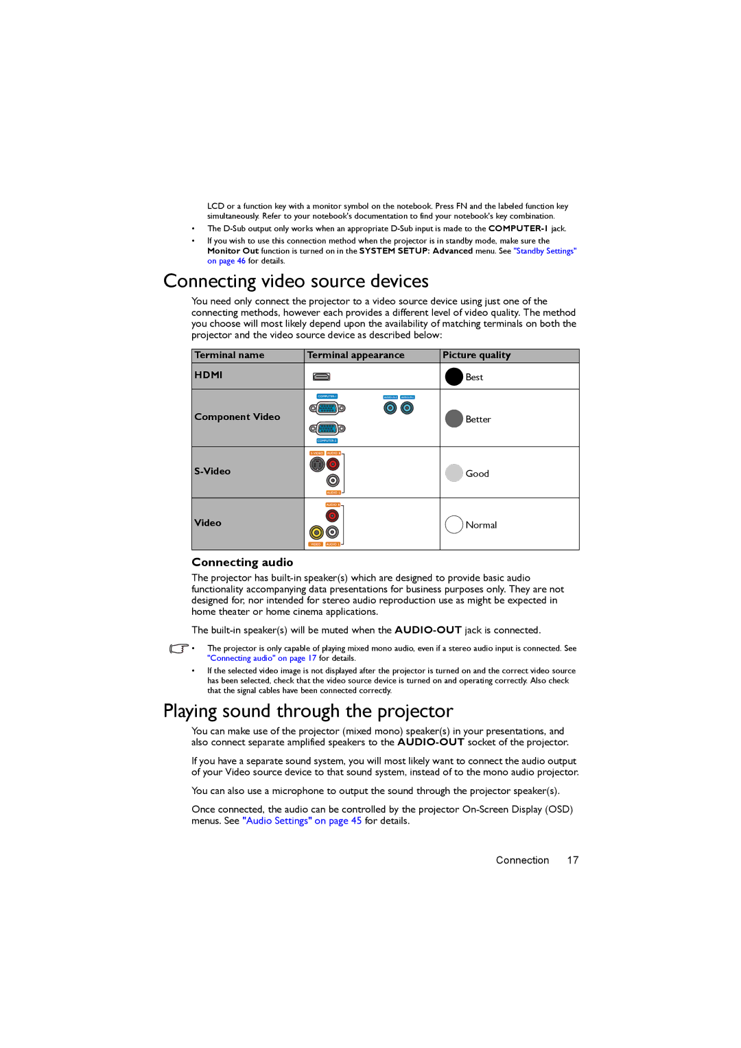 BenQ MX722 user manual Connecting video source devices, Playing sound through the projector, Connecting audio 