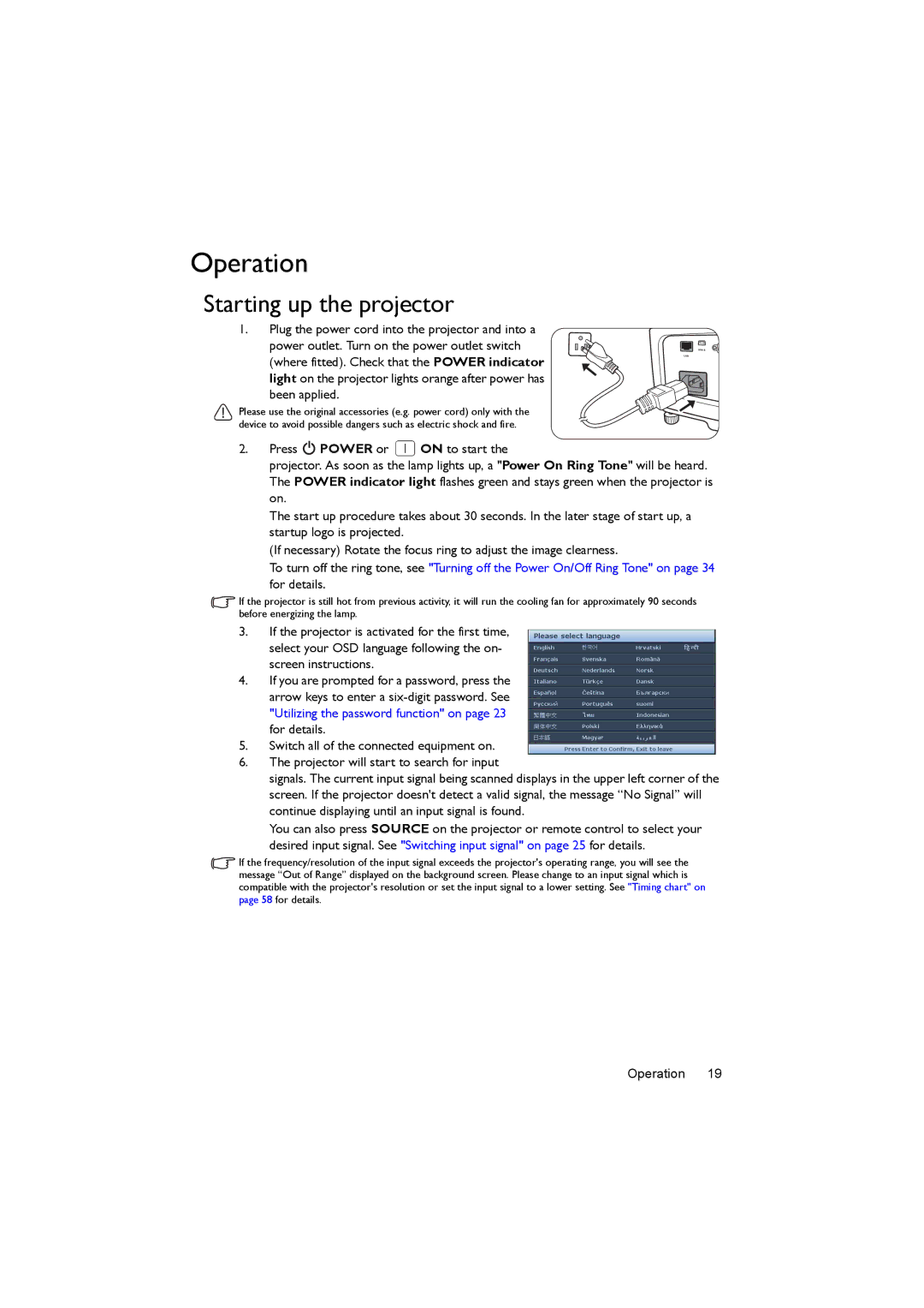 BenQ MX722 user manual Operation, Starting up the projector 