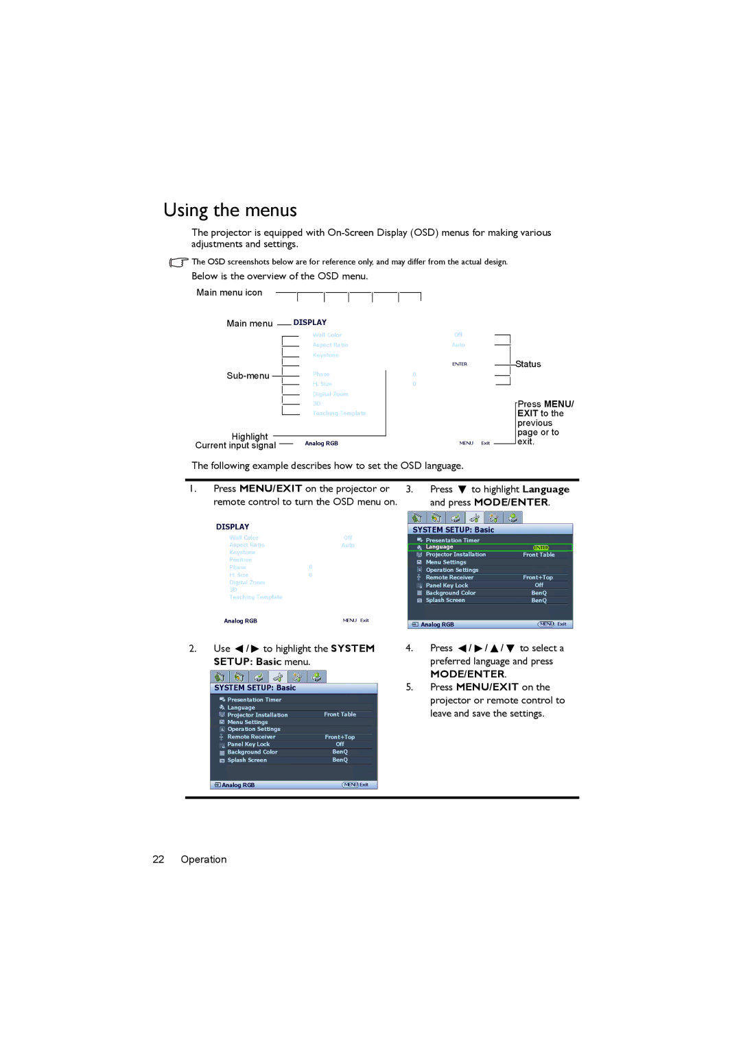 BenQ MX722 user manual Using the menus, Below is the overview of the OSD menu 