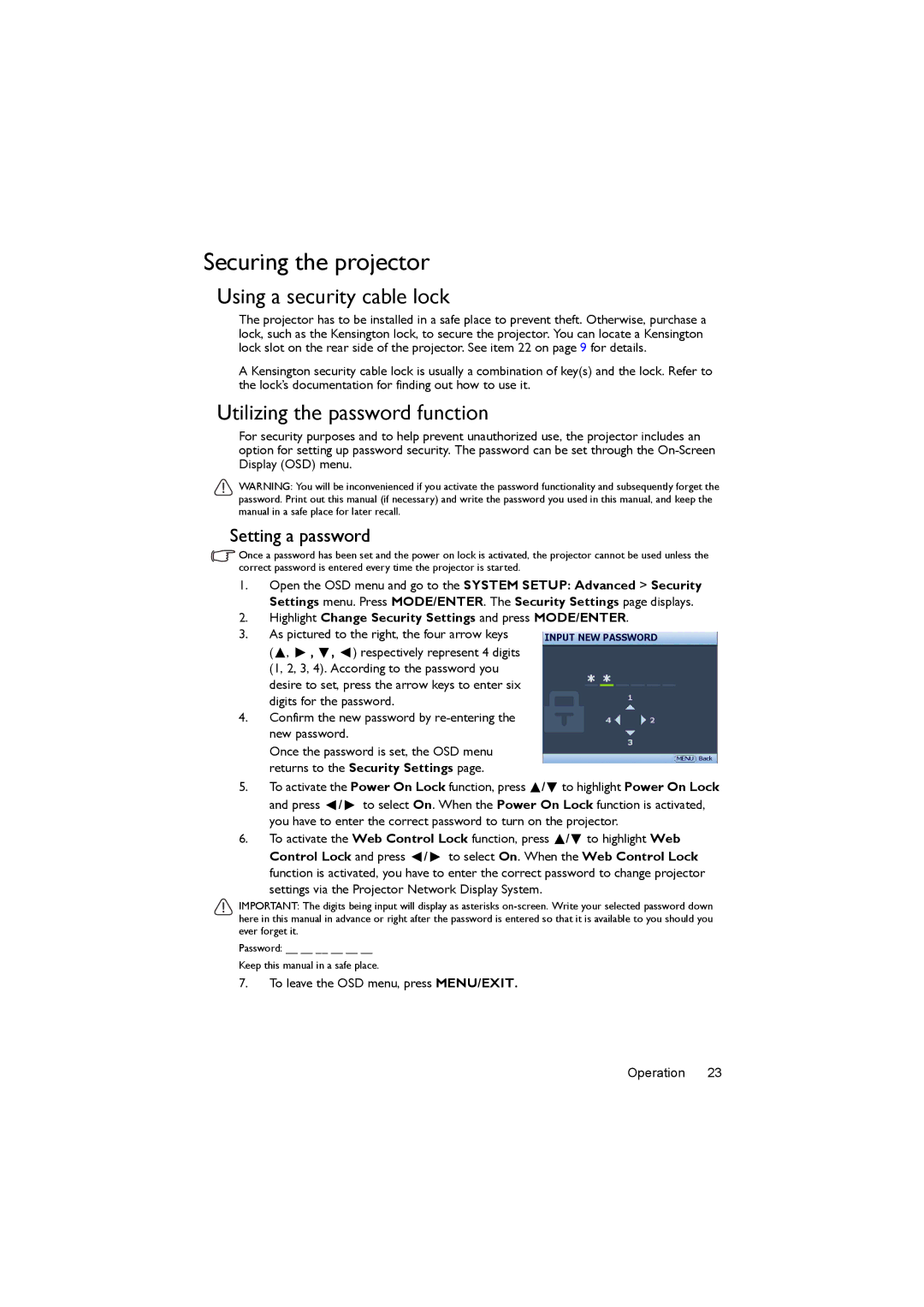 BenQ MX722 Securing the projector, Using a security cable lock, Utilizing the password function, Setting a password 