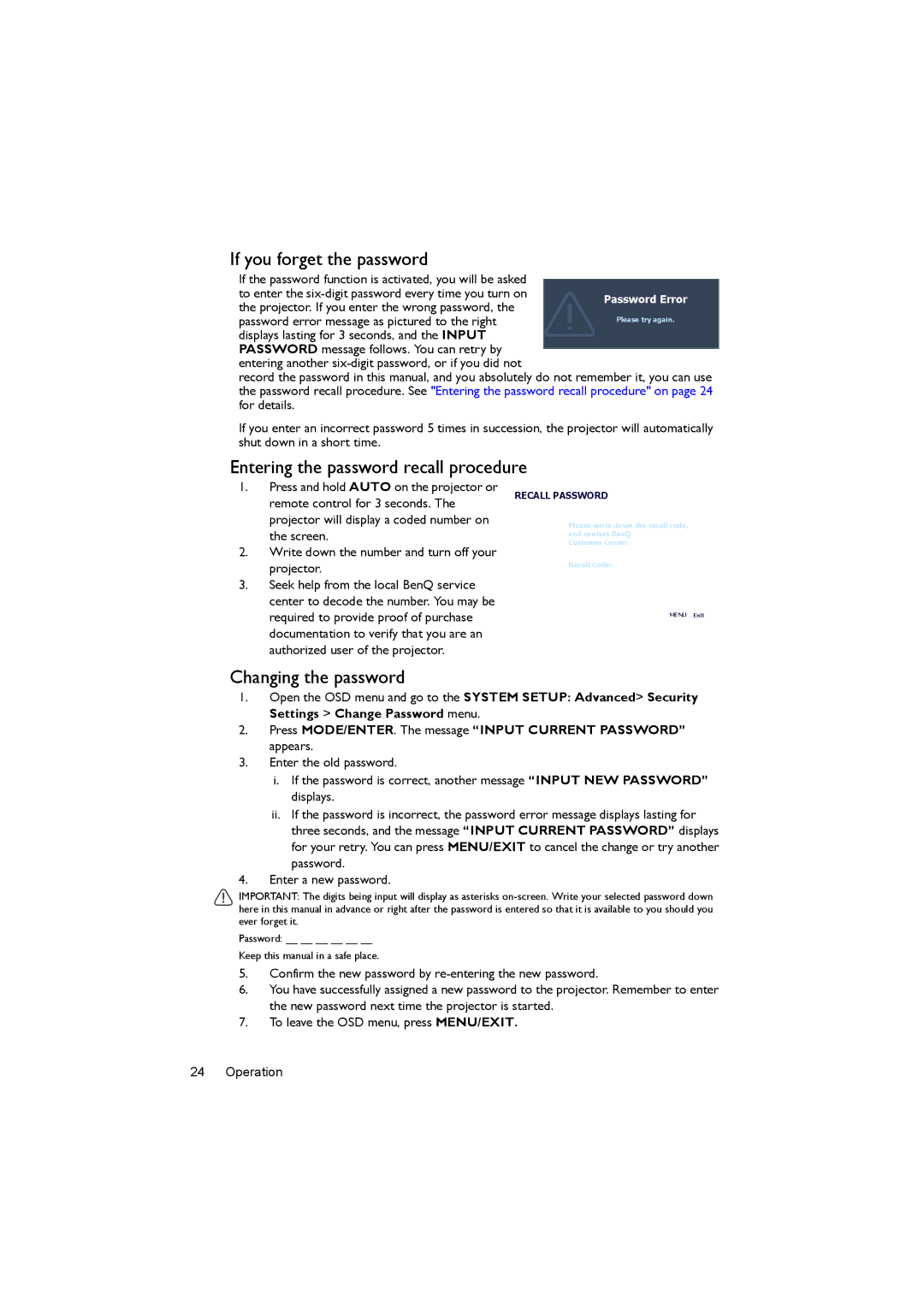 BenQ MX722 user manual If you forget the password, Entering the password recall procedure, Changing the password 
