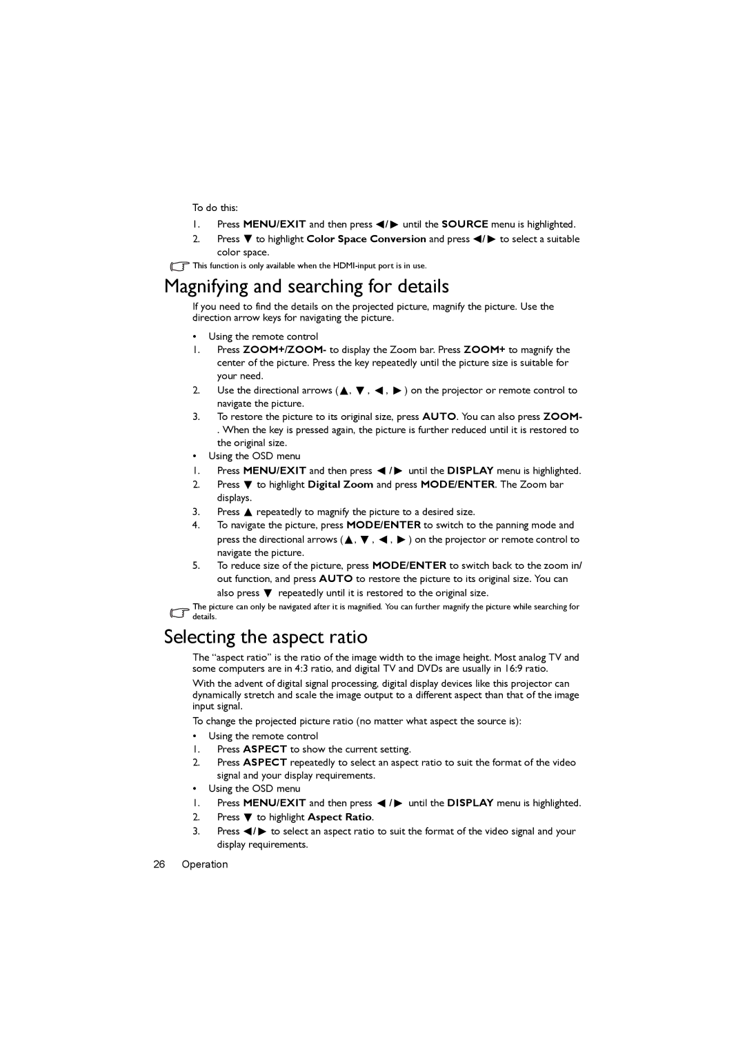 BenQ MX722 user manual Magnifying and searching for details, Selecting the aspect ratio 