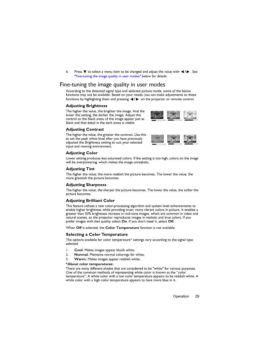 BenQ MX722 user manual Fine-tuning the image quality in user modes 