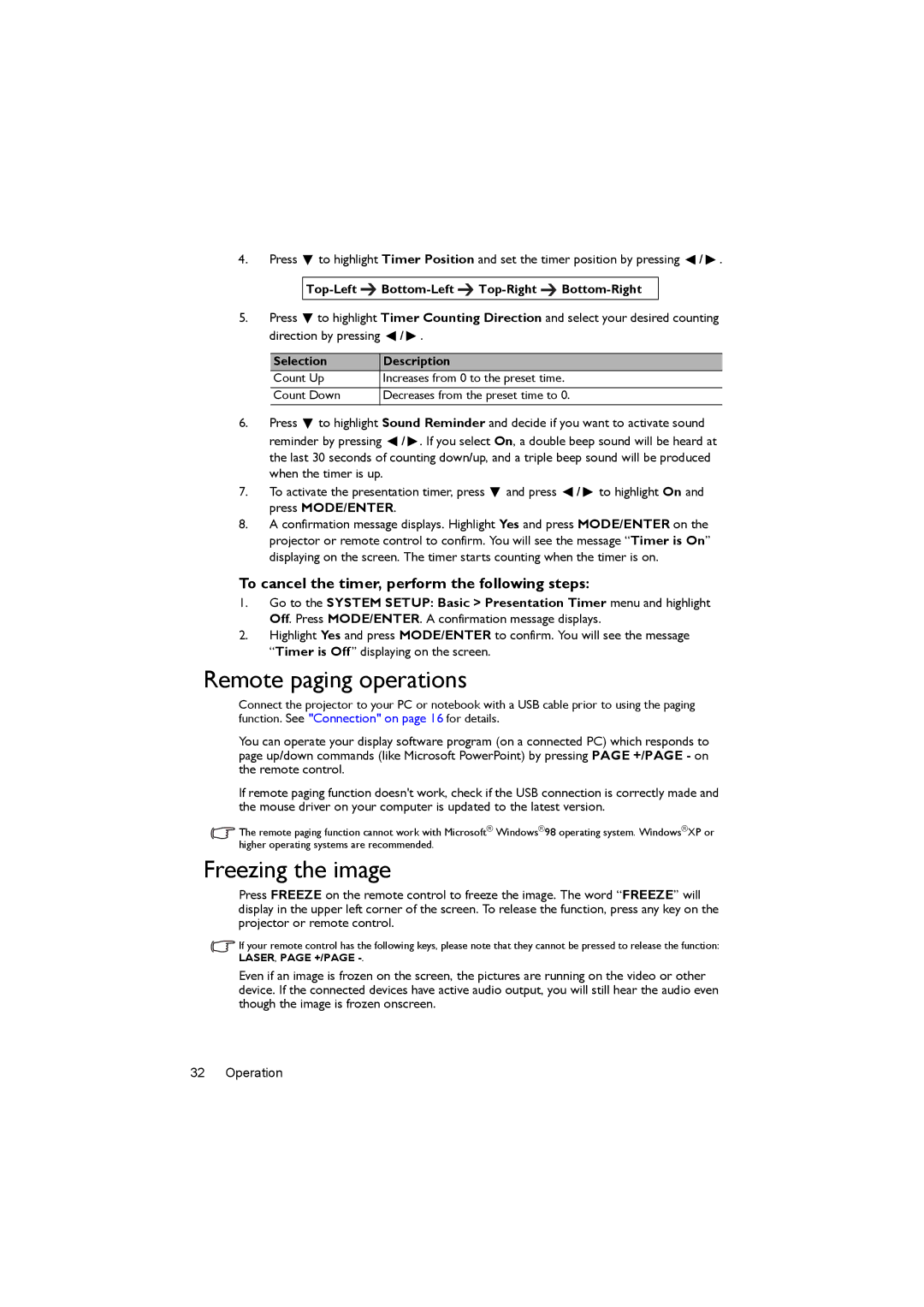 BenQ MX722 user manual Remote paging operations, Freezing the image, To cancel the timer, perform the following steps 