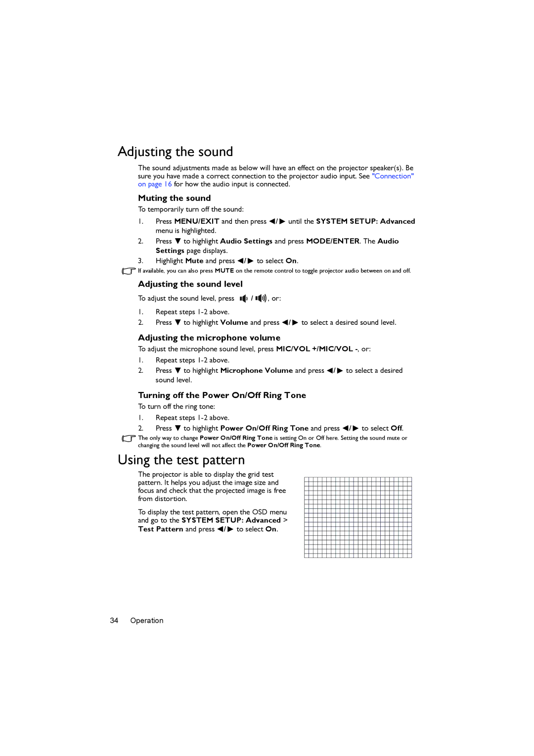 BenQ MX722 user manual Adjusting the sound, Using the test pattern 