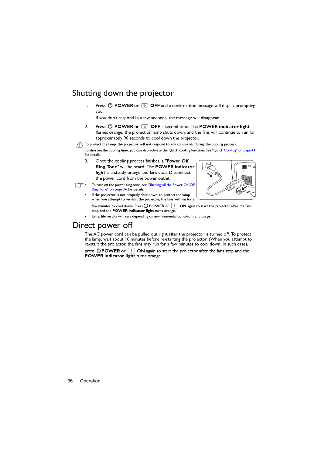 BenQ MX722 user manual Shutting down the projector, Direct power off 