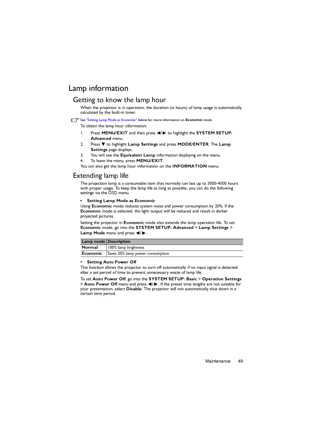 BenQ MX722 user manual Lamp information, Getting to know the lamp hour, Extending lamp life, Setting Lamp Mode as Economic 