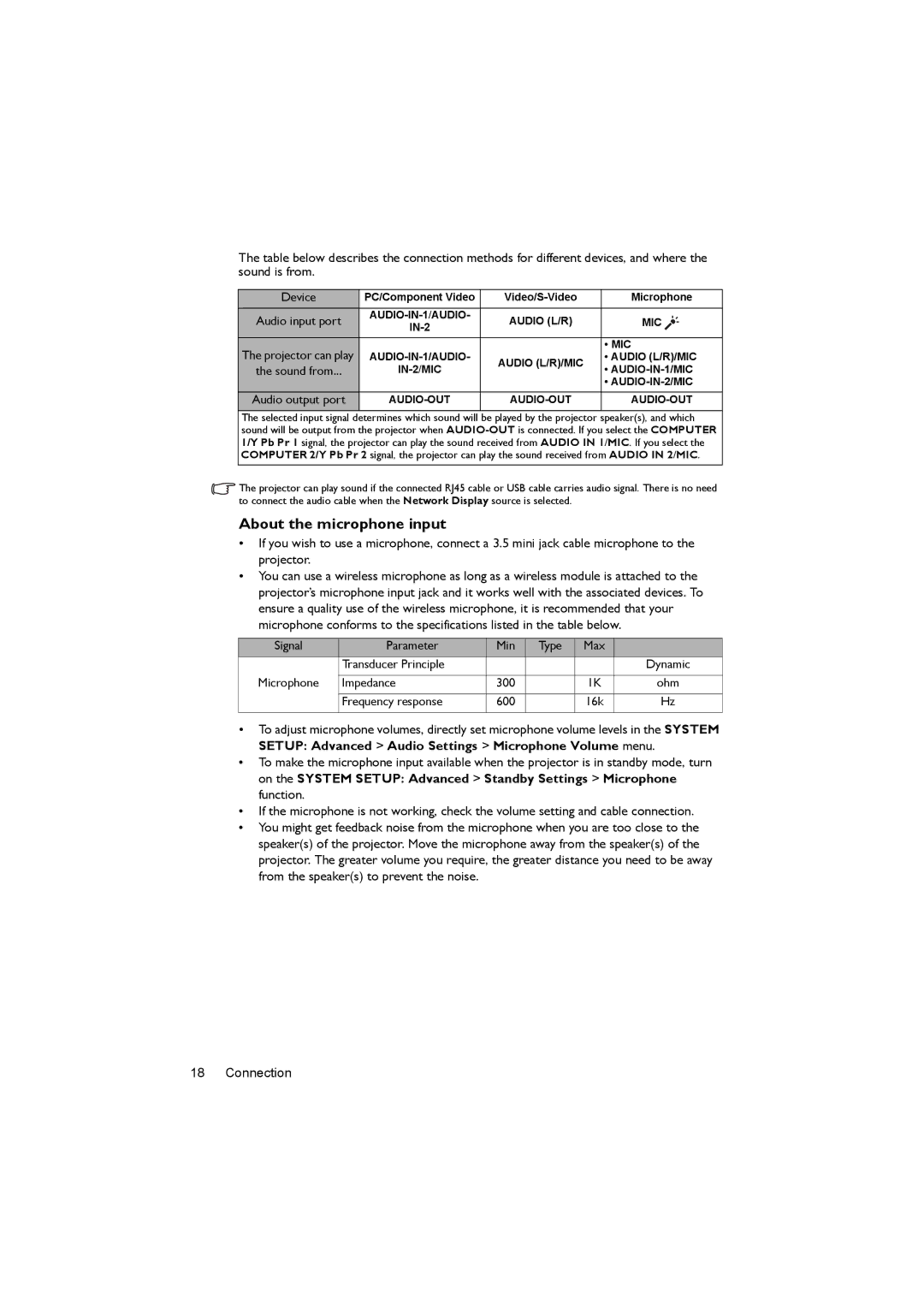 BenQ MX722 user manual About the microphone input, Device 