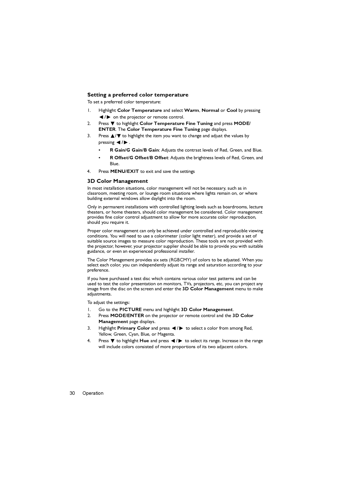 BenQ MX722 user manual Setting a preferred color temperature, 3D Color Management 