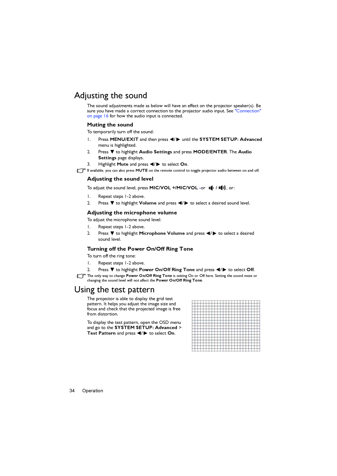 BenQ MX722 user manual Adjusting the sound, Using the test pattern 