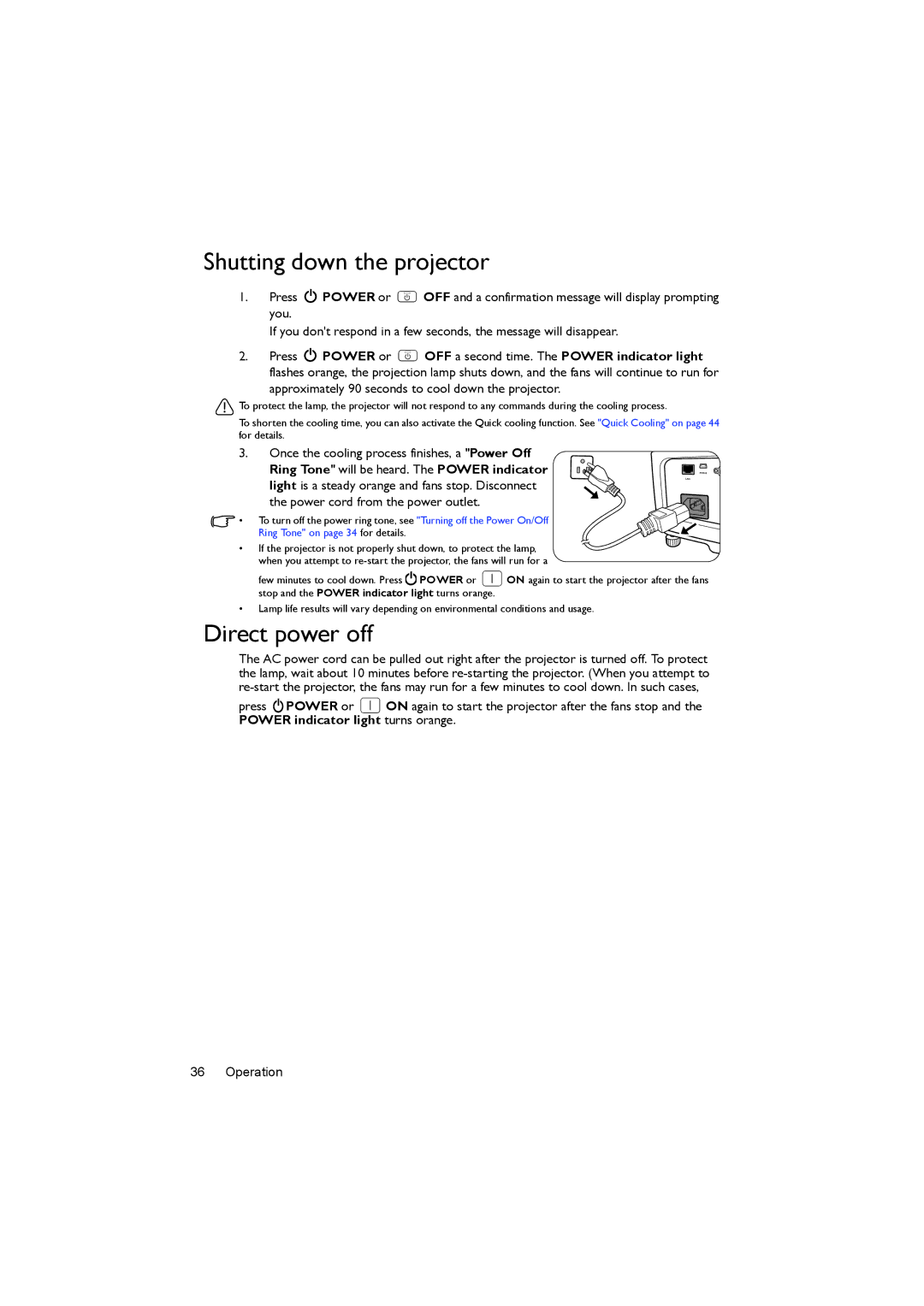 BenQ MX722 user manual Shutting down the projector, Direct power off 