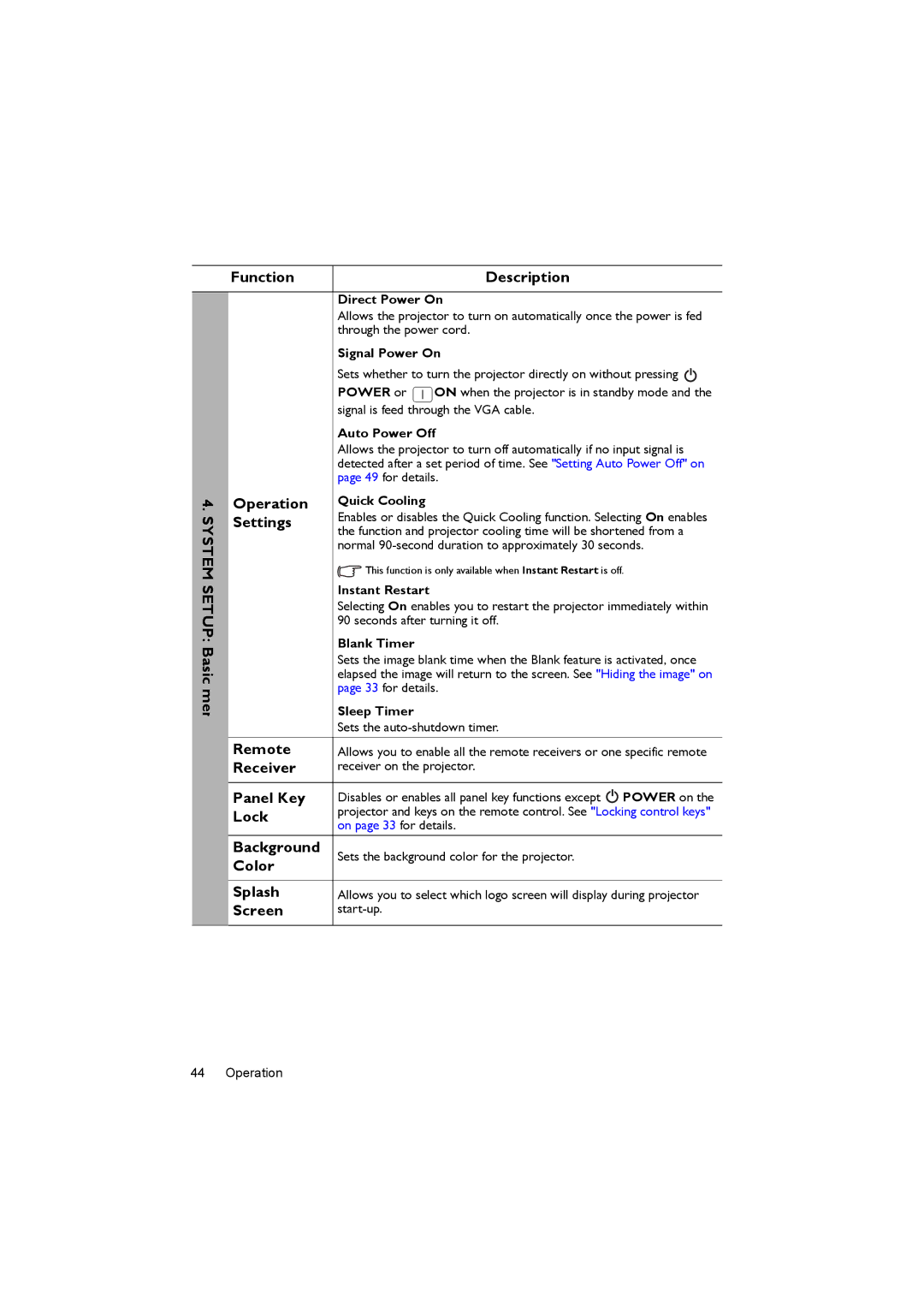 BenQ MX722 System Setup Basic men, Function Description, Operation, Remote, Receiver, Panel Key, Lock, Background, Screen 