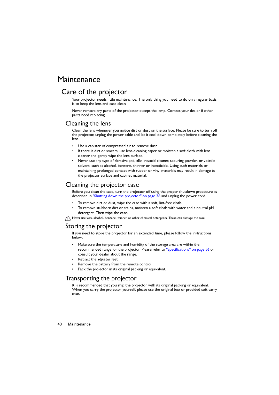 BenQ MX722 user manual Maintenance, Care of the projector 