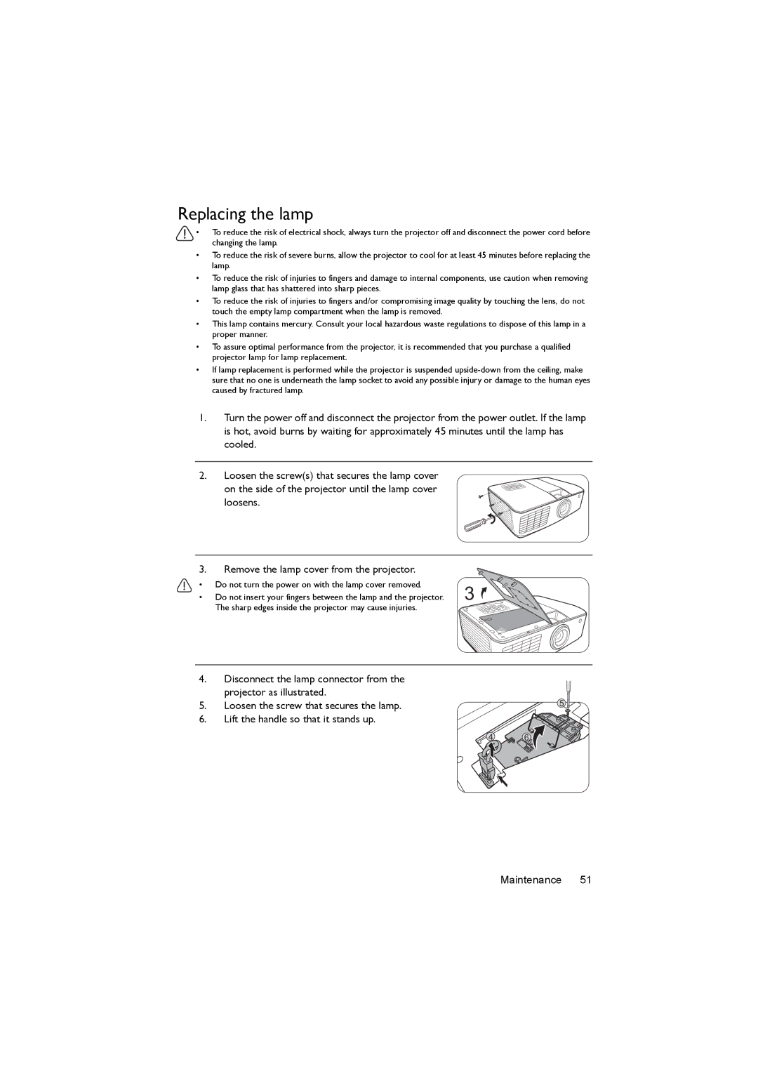 BenQ MX722 user manual Replacing the lamp 