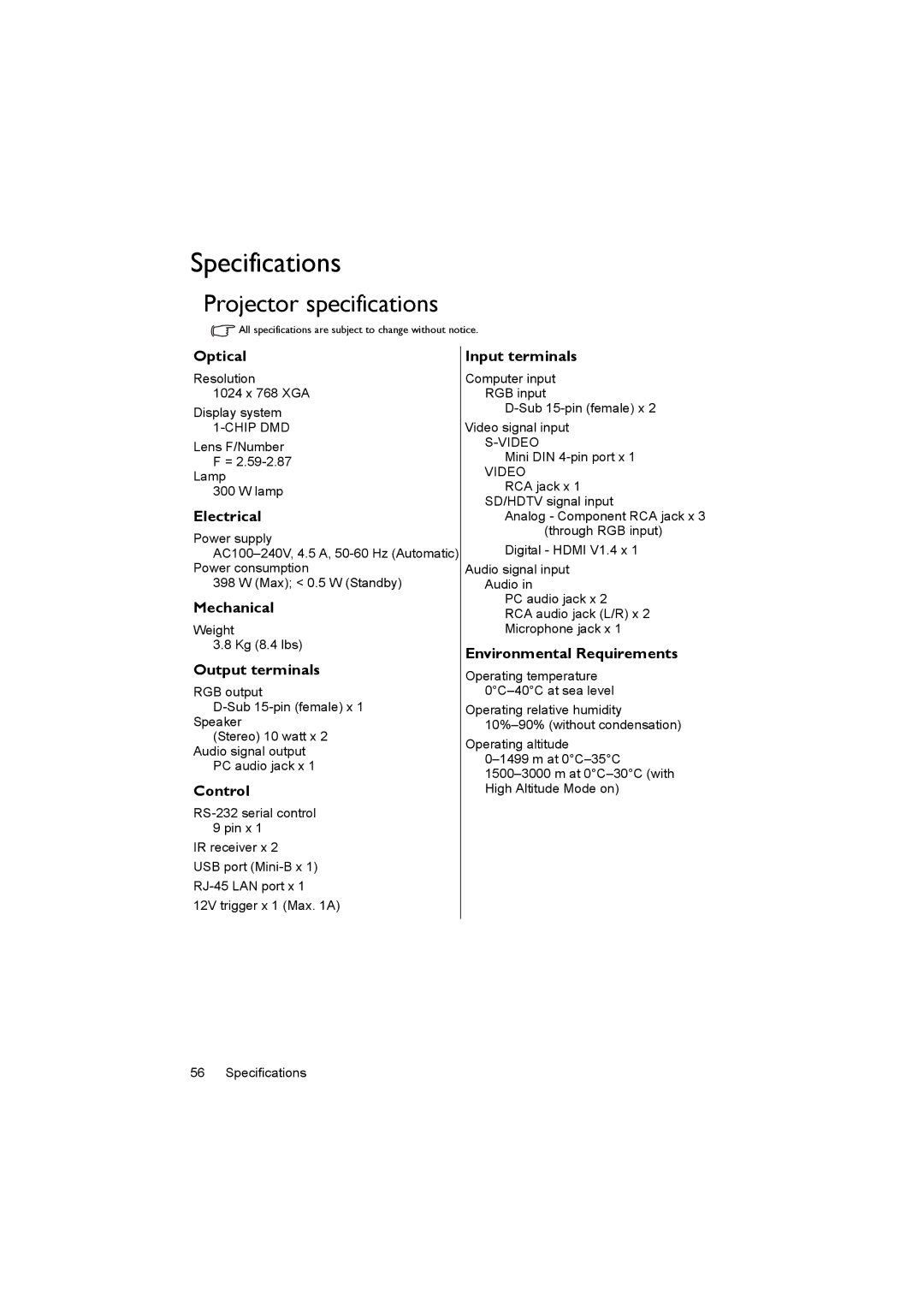 BenQ MX722 user manual Specifications, Projector specifications 