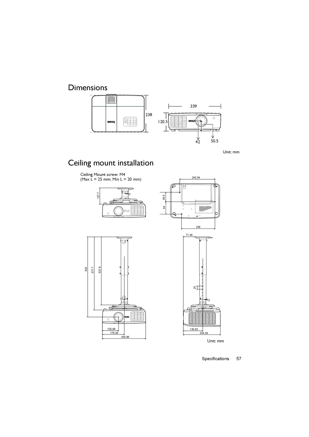 BenQ MX722 user manual Dimensions, Ceiling mount installation 