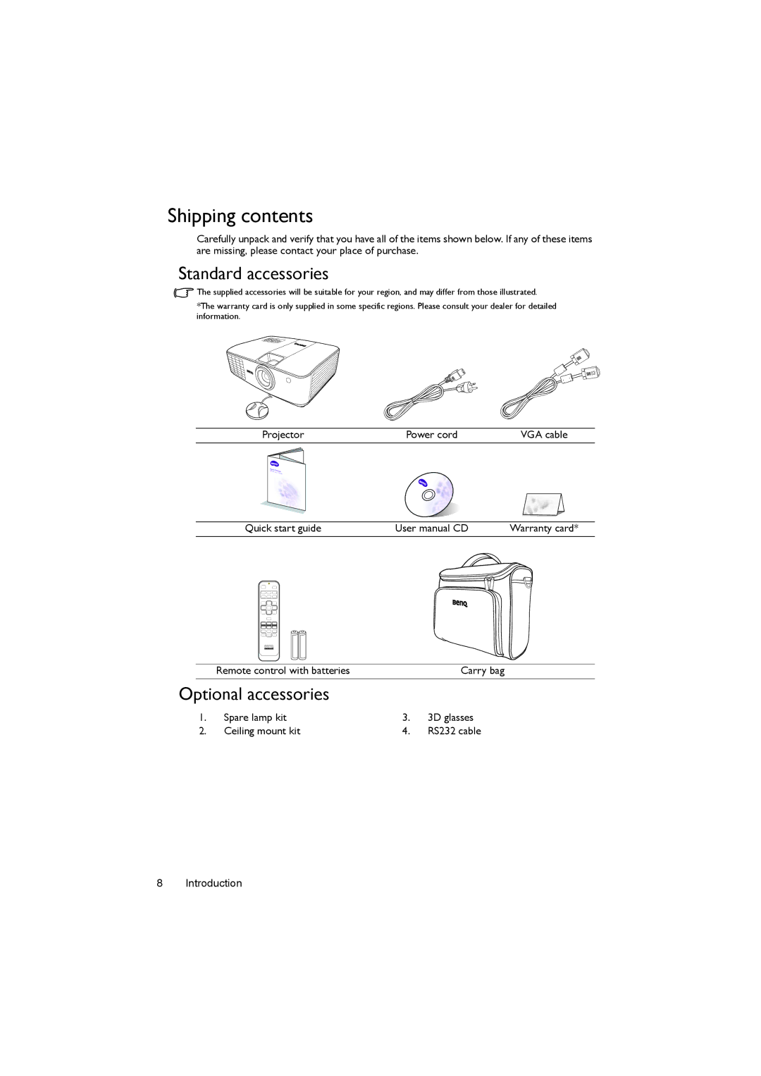 BenQ MX722 user manual Shipping contents 