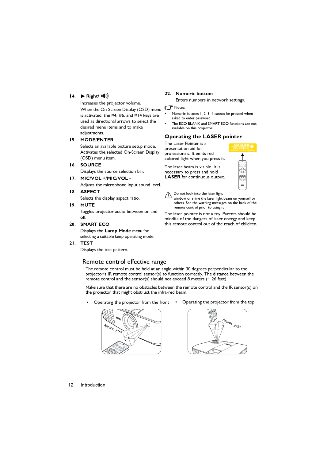 BenQ MX722 user manual Remote control effective range, Operating the LASER pointer 