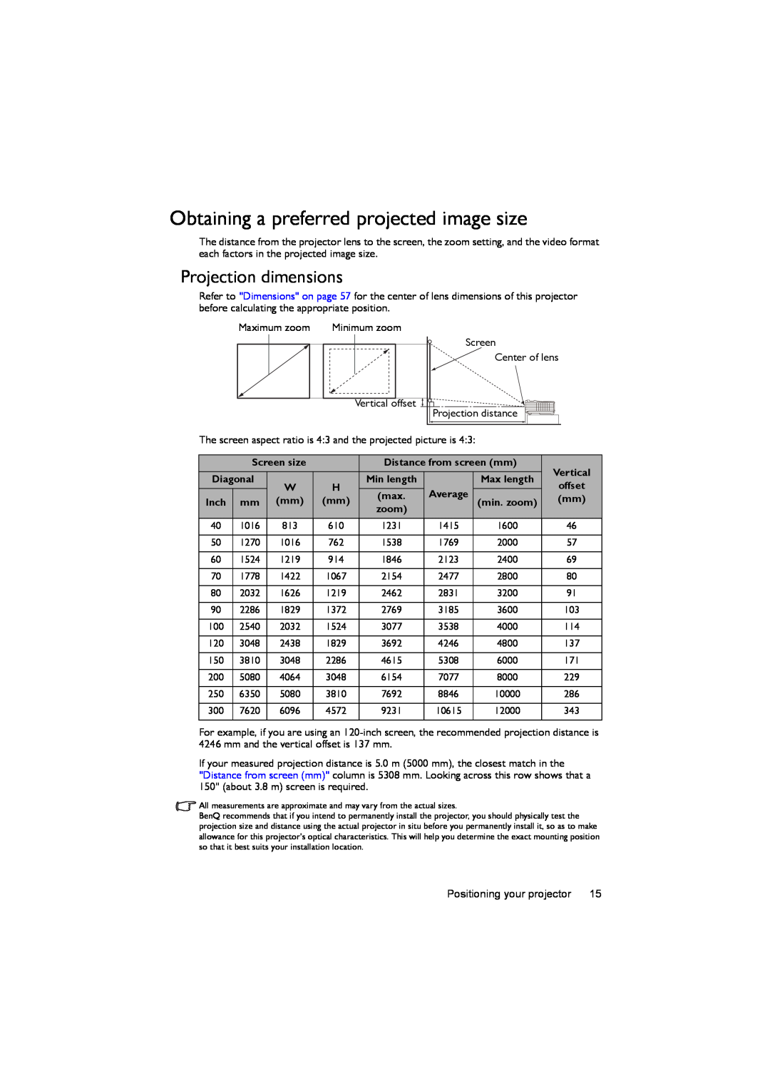 BenQ MX722 user manual Obtaining a preferred projected image size, Projection dimensions 