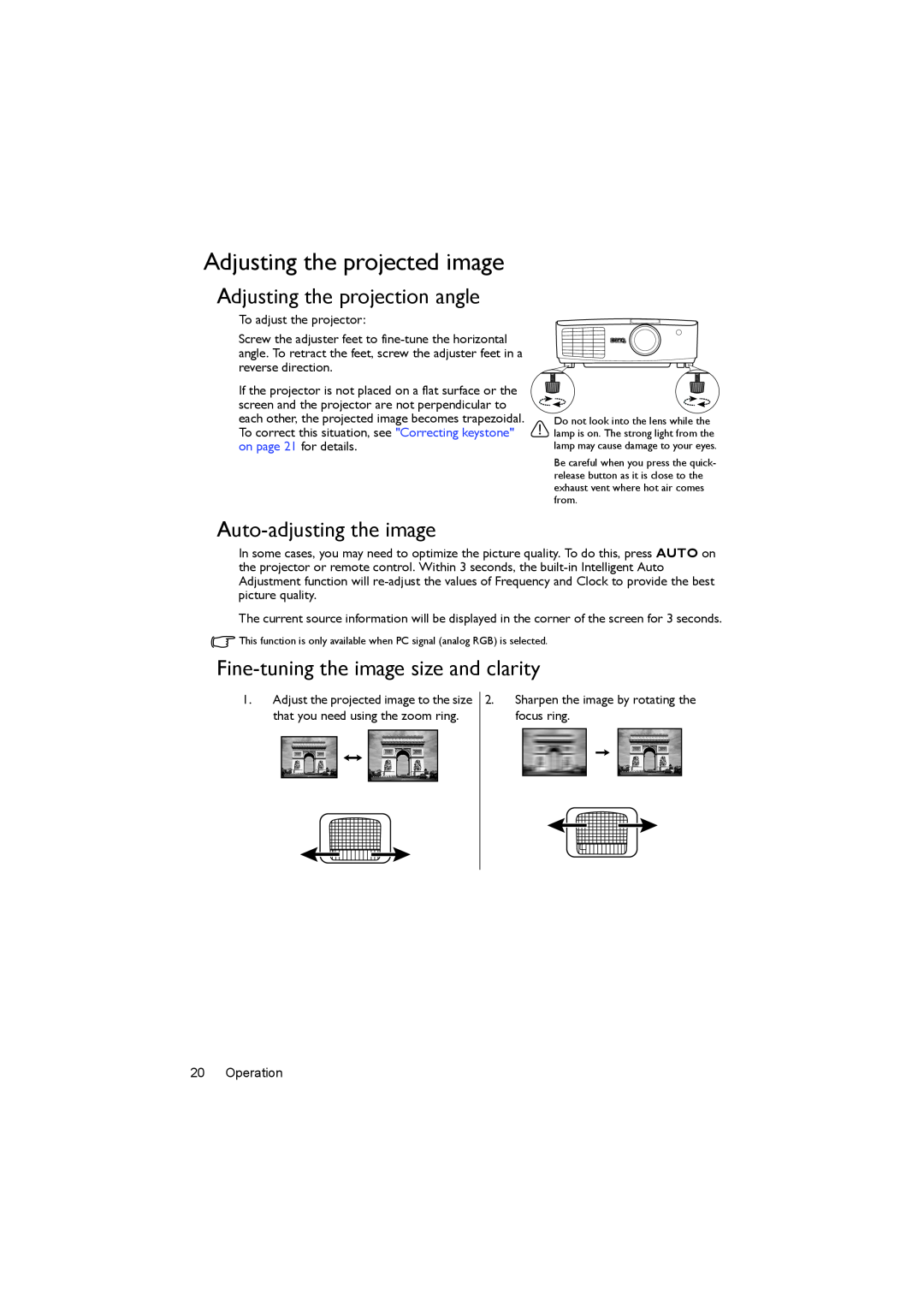 BenQ MX722 user manual Adjusting the projected image, Adjusting the projection angle, Auto-adjusting the image 