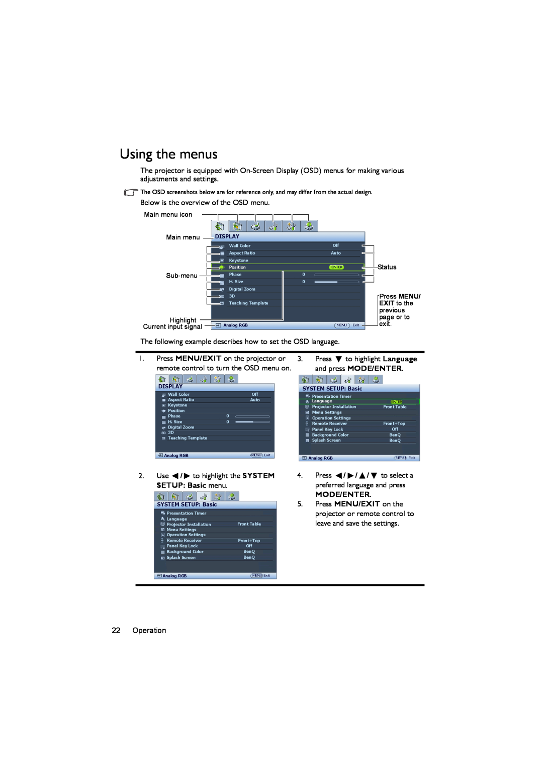 BenQ MX722 user manual Using the menus, Mode/Enter 
