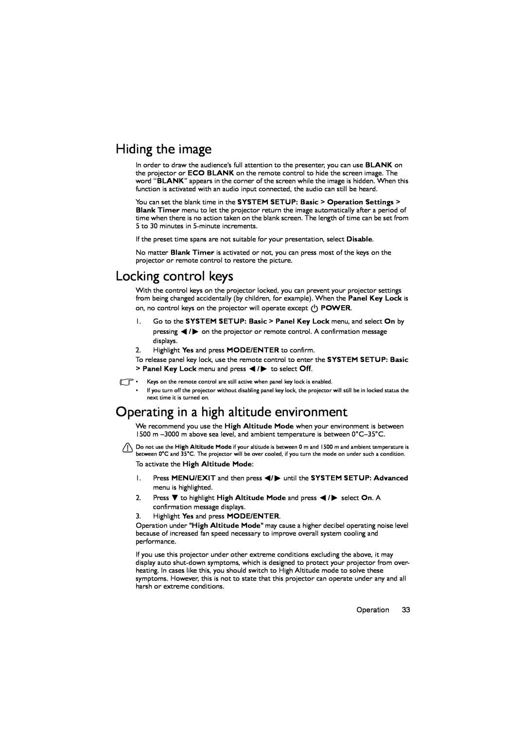 BenQ MX722 user manual Hiding the image, Locking control keys, Operating in a high altitude environment 