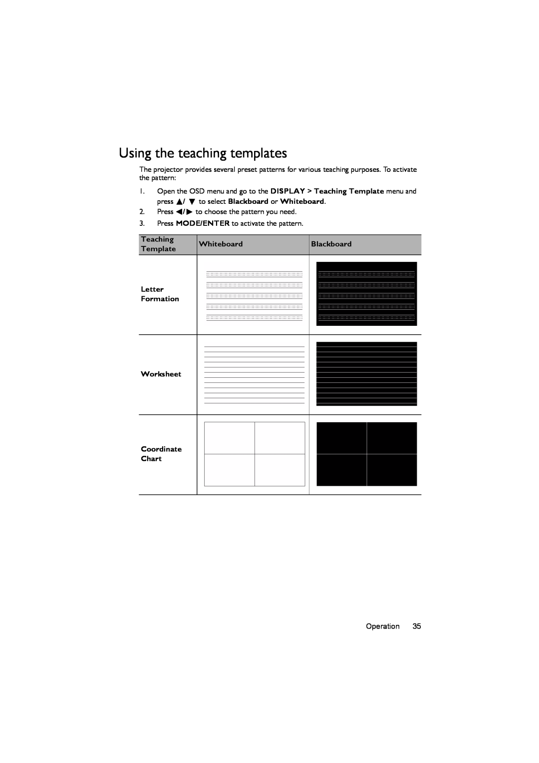 BenQ MX722 user manual Using the teaching templates, Teaching, Whiteboard, Blackboard, Template 