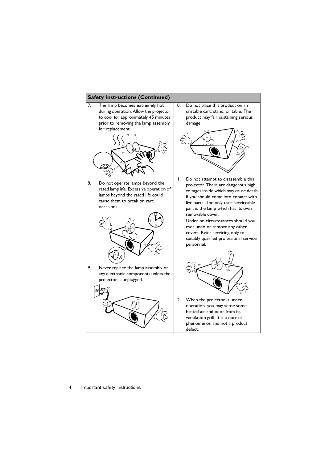 BenQ MX722 user manual Safety Instructions Continued 