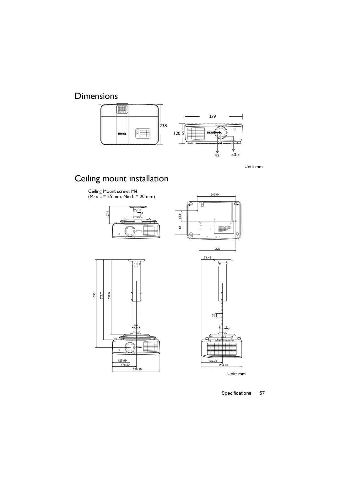 BenQ MX722 user manual Dimensions, Ceiling mount installation, 339 238 120.5, Unit mm, Specifications 
