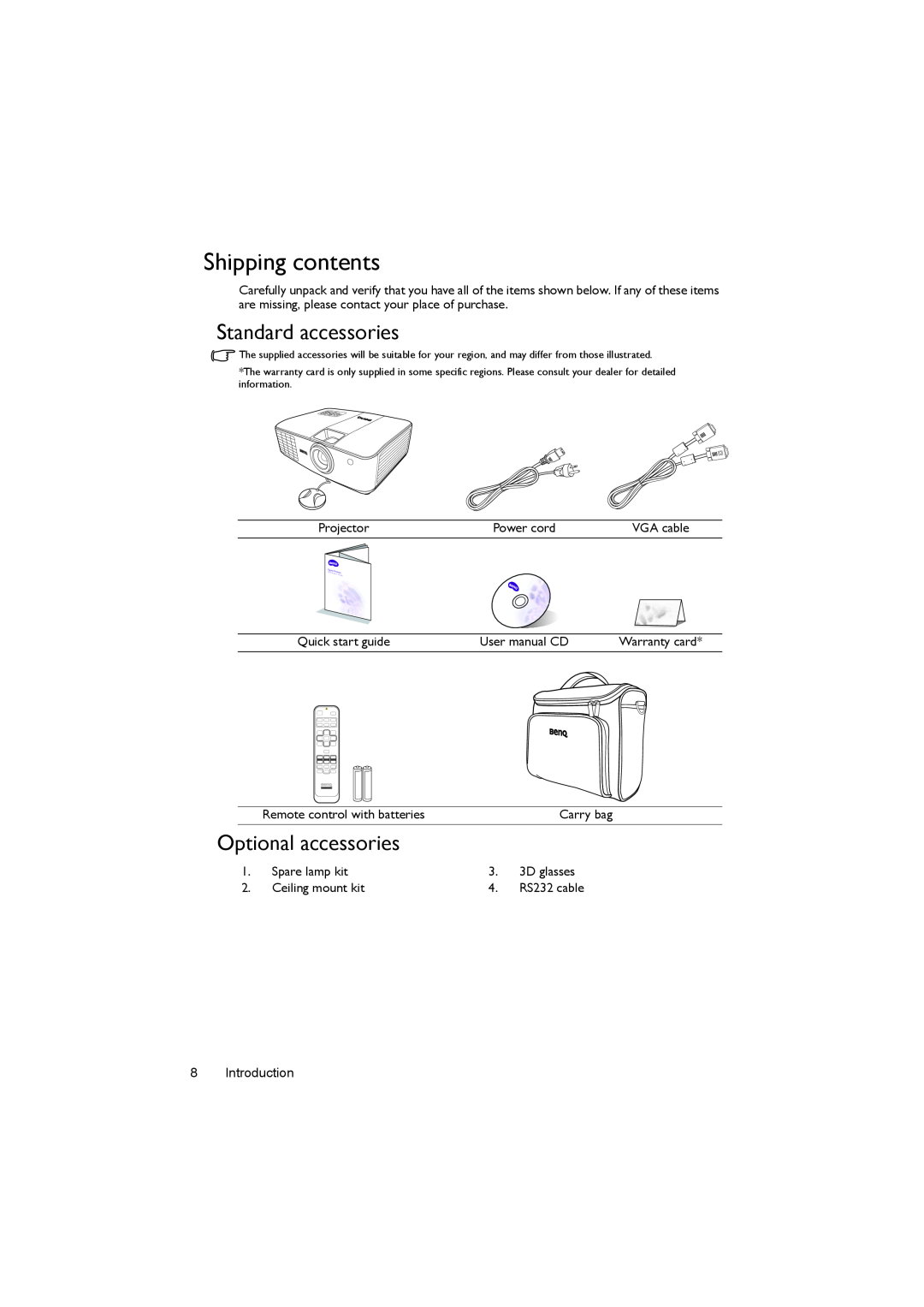 BenQ MX722 user manual Shipping contents, Standard accessories, Optional accessories 
