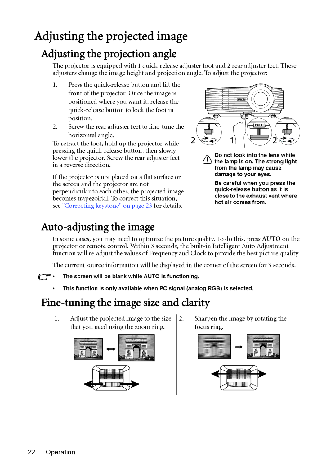 BenQ MX761 user manual Adjusting the projected image, Adjusting the projection angle, Auto-adjusting the image 