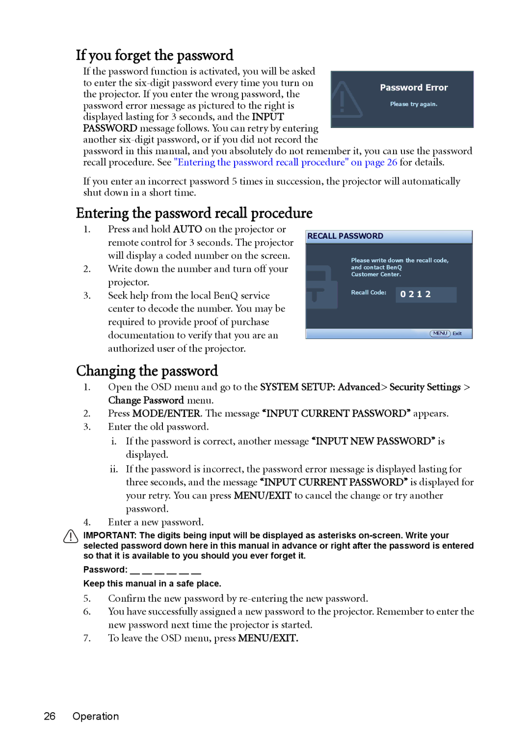 BenQ MX761 user manual If you forget the password, Entering the password recall procedure, Changing the password 