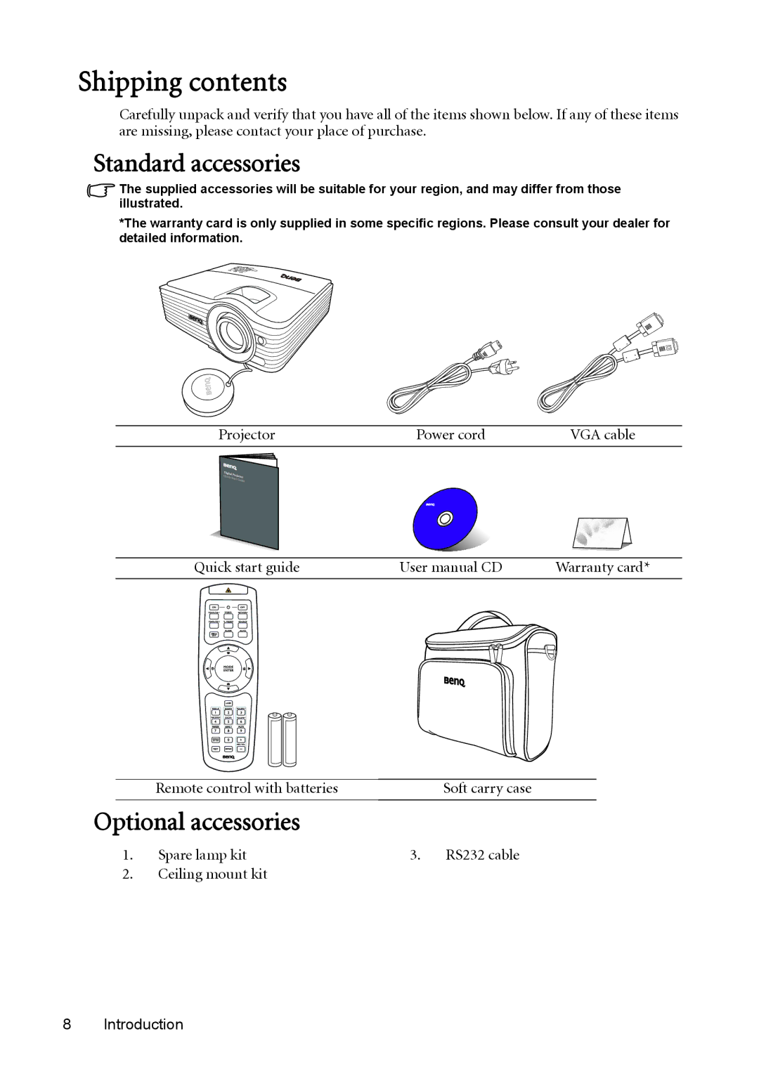 BenQ MX761 user manual Shipping contents 