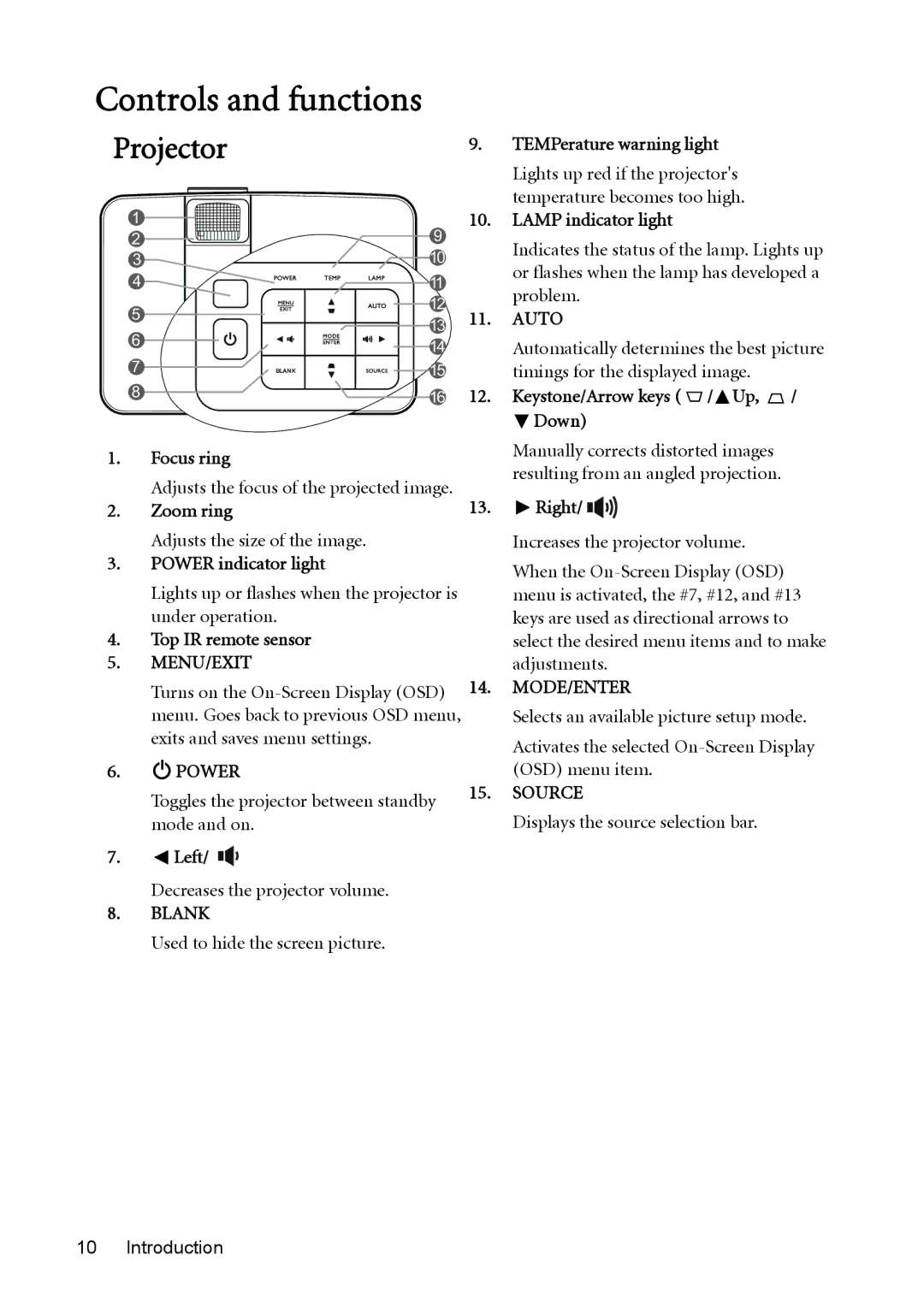 BenQ MX764 user manual Controls and functions 