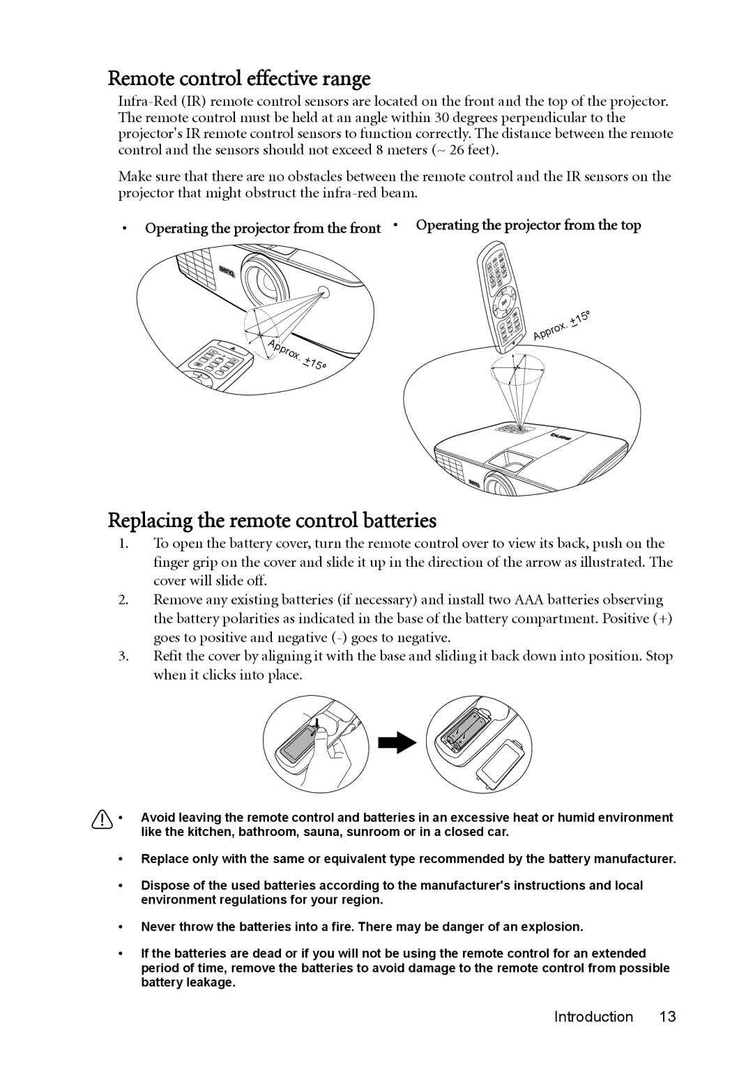 BenQ MX764 user manual Remote control effective range, Replacing the remote control batteries 