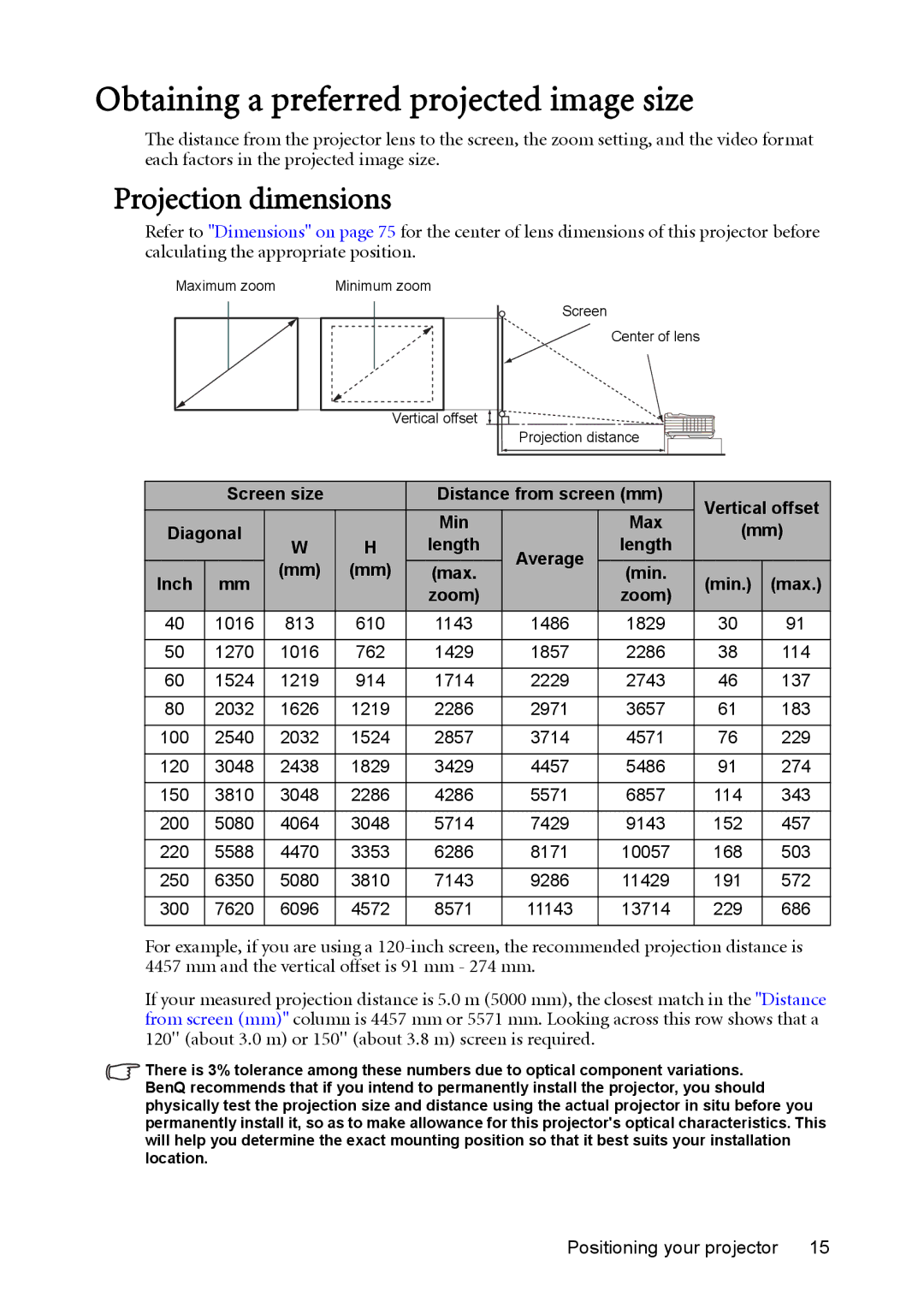 BenQ MX764 user manual Obtaining a preferred projected image size, Projection dimensions 