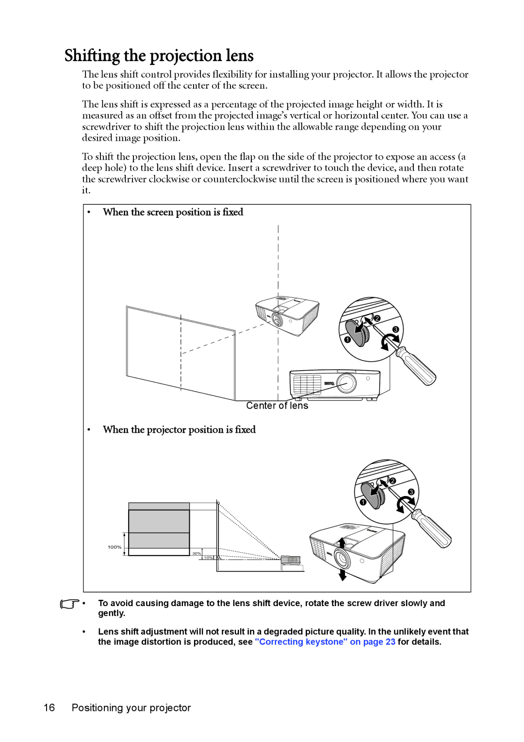 BenQ MX764 user manual Shifting the projection lens, When the projector position is fixed 