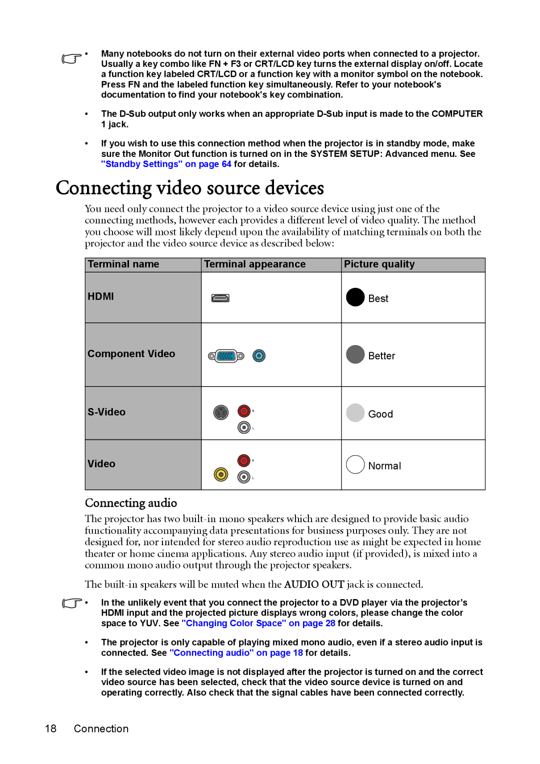 BenQ MX764 user manual Connecting video source devices, Connecting audio 