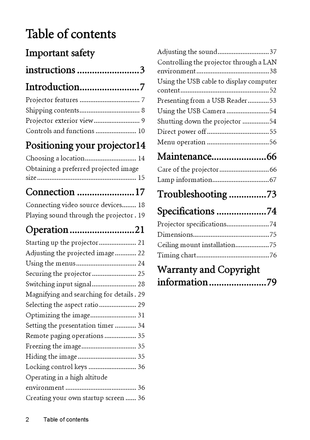 BenQ MX764 user manual Table of contents 